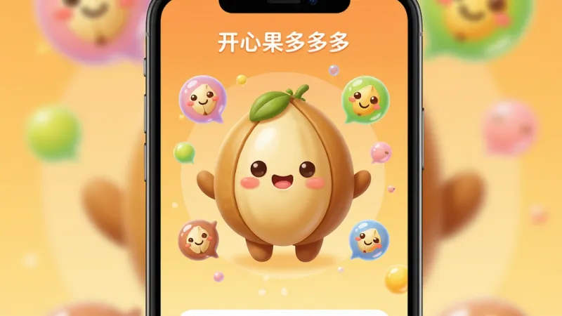 一张展示“开心果多多多”应用主界面的图片，画面中央是一个圆润可爱的卡通开心果形象，周围环绕着多彩的气泡和笑脸图标，背景是温暖的渐变橙黄色，排版简洁明快，风格清新治愈，细节圆润无毛刺，画质干净无多余元素，整体呈现手机屏幕的竖版构图。