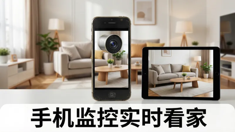 手机监控实时看家软件功能全貌展示图，画面中央是一部旧智能手机被改造成监控摄像头，手机屏幕显示着客厅的实时监控画面，画面中有沙发和茶几，旁边有一台平板电脑同步显示着相同的监控画面，背景是温馨的家居环境，主体突出，布局对称，风格简洁现代，细节清晰，画质干净无多余元素，文字标签'手机监控实时看家'醒目显示在画面下方。