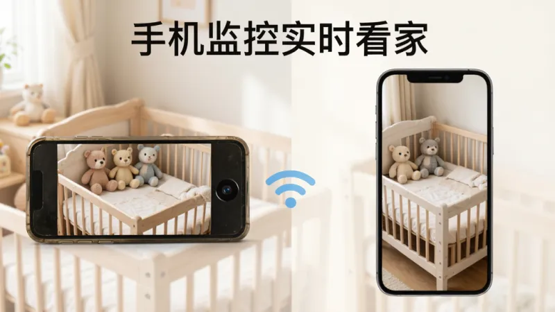 手机监控实时看家旧手机改造监控场景图，画面左侧是一部横放的旧手机，摄像头对准一张婴儿床，右侧是一部现代智能手机，屏幕显示着婴儿床的实时监控画面，画面中间有一个无线信号连接图标，主体是两台手机，布局左右对比，风格温馨居家，细节包括婴儿床上的毛绒玩具，画质干净无多余元素，文字'手机监控实时看家'显示在顶部。