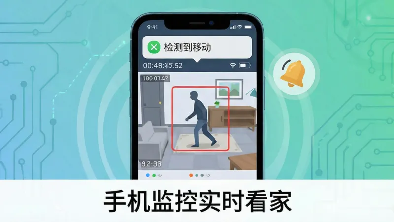 手机监控实时看家移动侦测功能示意图，画面中央是一部手机屏幕显示着监控画面，画面中有一个红色的矩形框标记着移动的人影，屏幕上方弹出通知栏显示'检测到移动'，手机旁边有一个铃铛图标，主体是手机和通知，布局居中，风格扁平化科技感，细节包括时间戳和电量显示，画质干净无多余元素，文字'手机监控实时看家'显示在底部。
