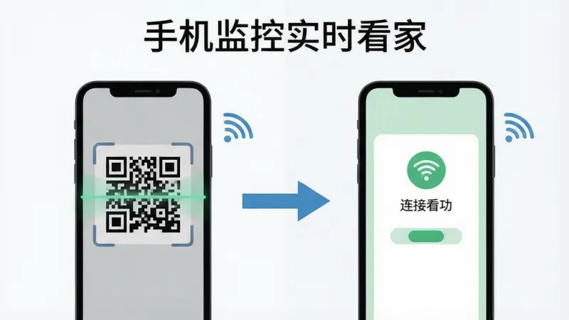 手机监控实时看家操作步骤示意图，画面分为左右两部分，左边显示一部手机正在扫描二维码，右边显示另一部手机的屏幕显示连接成功界面，中间有箭头指示，主体是操作流程，布局清晰明了，风格简约扁平，细节包括手机图标和WiFi信号图标，画质干净无多余元素，文字'手机监控实时看家'显示在顶部。