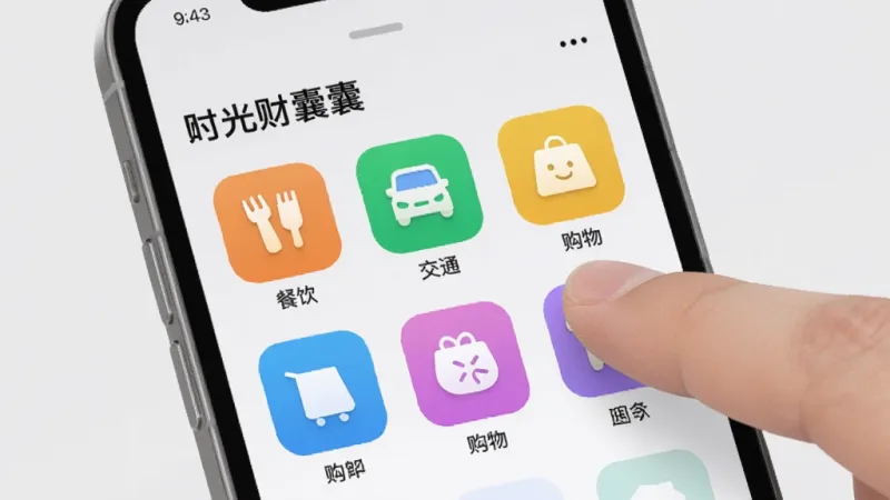 手机界面展示“时光财囊”的分类管理页面，多个彩色分类图标整齐排列，有餐饮、交通、购物等标签，用户手指正在拖动调整分类顺序，背景为浅灰色，风格清爽，画质干净无多余元素