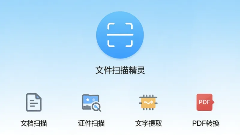 一张手机应用界面截图,展示文件扫描精灵的主界面,背景是浅蓝色渐变,中间有一个醒目的扫描按钮,下方排列着文档扫描、证件扫描、文字提取、PDF转换四个功能图标,界面干净整洁,无广告弹窗,整体风格现代简约,画面中清晰显示“文件扫描精灵”文字标识,画质清晰,无多余元素
