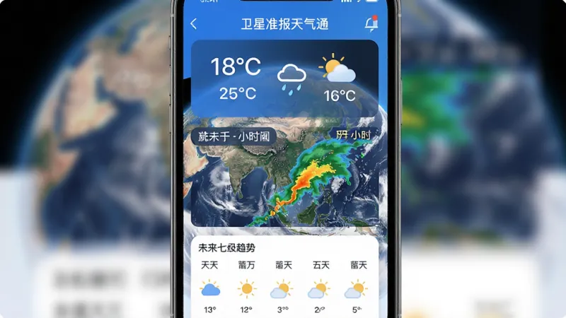 一款名为“卫星准报天气通”的手机应用主界面展示,画面中央是地球卫星云图与实时天气数据叠加显示,布局上方为当前温度与天气图标,中部为未来两小时降雨雷达图,下方为未来七天趋势简图,整体排版清晰,风格现代科技感,细节包含蓝白色调、圆角卡片设计,画质干净无多余元素