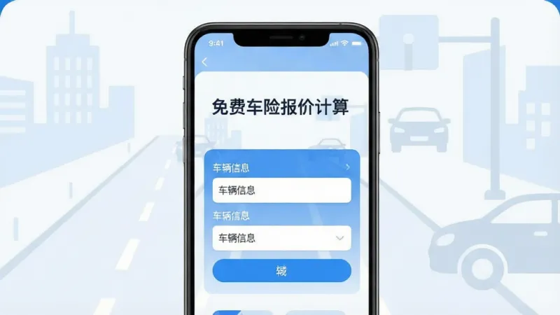 一张干净简洁的手机应用界面截图,主色调为科技蓝与白色,屏幕中央显示“免费车险报价计算”的标题,下方有输入车辆信息的表单区域,背景是浅色的城市道路与汽车轮廓,风格现代扁平,细节圆润,画质清晰,无多余广告元素