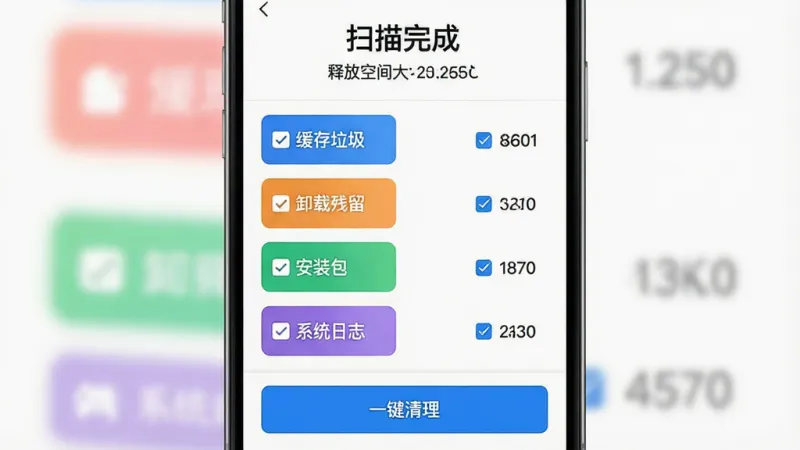 一张手机界面截图风格的图片,画面展示星跃清理管家的清理结果页面,顶部写着“扫描完成”和释放空间大小,中间用不同颜色的小方块区分“缓存垃圾”“卸载残留”“安装包”“系统日志”等类别,每个类别旁边有勾选框和占用大小数字,底部有一个蓝色的“一键清理”按钮,整体布局清爽,文字标注清晰,风格简洁现代,画质干净无多余元素