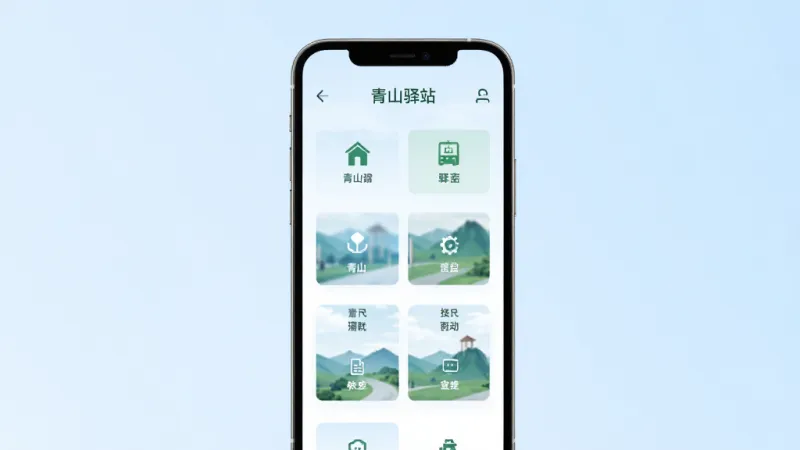 青山驿站操作界面示意图，主体是手机屏幕展示青山驿站的简洁主页，页面布局清晰，功能按钮排列整齐，背景是柔和的浅蓝色渐变，风格现代简约，画面干净无多余元素，高清画质