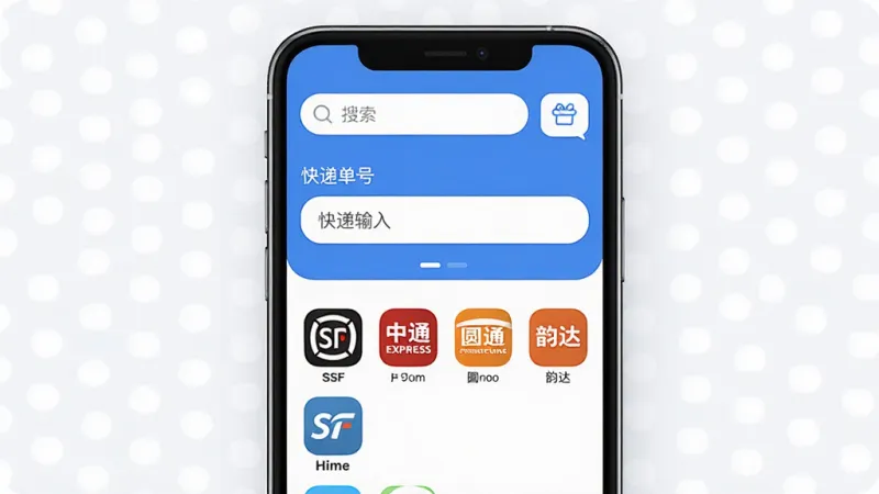 网上查物流快递软件主界面全貌展示,画面中央是一部智能手机,手机屏幕显示快递查询应用首页,顶部有搜索框和粘贴按钮,中间是快递单号输入区域,下方排列着顺丰、中通、圆通、韵达等常见快递公司图标,界面以蓝白配色为主,布局简洁清晰,风格现代扁平化,图标圆润,画质干净,无多余元素