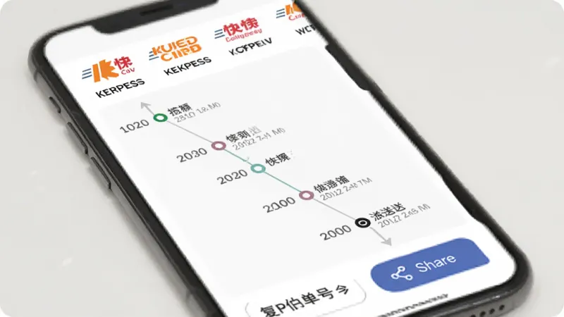 网上查物流快递多快递公司聚合查询功能展示,手机屏幕显示快递查询结果页面,页面上方是快递公司logo和名称,中间是物流轨迹时间轴,从揽收到派送每个节点清晰可见,底部有复制单号和分享按钮,背景为浅色,界面风格清爽简约,画质干净,无多余元素