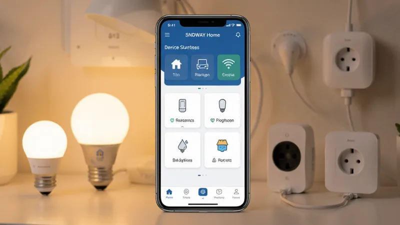 一张展示SNDWAY Smart Home应用核心全貌的图片,主体是一个智能手机屏幕,屏幕上显示着SNDWAY Smart Home的App界面,界面布局清晰,顶部有设备状态概览,中间是设备控制卡片,底部是导航栏。背景是温馨的家居环境,有智能灯泡、智能插座等设备。风格是科技感与生活化结合,细节丰富,画质干净,无多余元素。