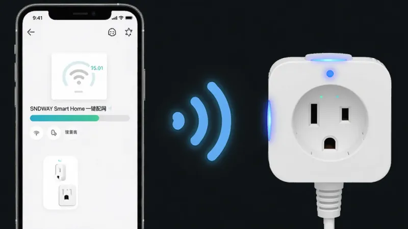 一张展示SNDWAY Smart Home一键配网功能的图片,画面主体是手机屏幕显示正在连接设备的进度条,旁边有一个智能插座发出蓝色指示灯闪烁。布局上手机在左侧,插座在右侧,中间有信号连线示意。风格是简洁的扁平化科技风,细节清晰,画质干净,无多余元素。