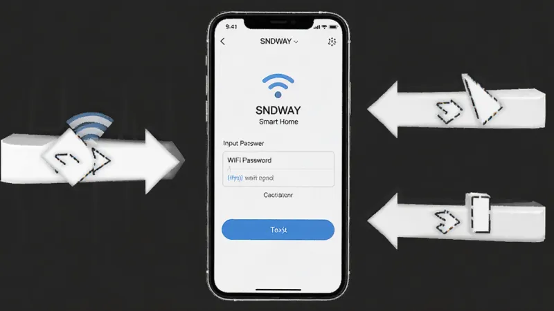 一张展示SNDWAY Smart Home配网操作步骤的图片,画面是手机屏幕显示App的配网引导页面,有输入WiFi密码的输入框和下一步按钮。布局上手机在画面中央,旁边有简单的步骤指示箭头。风格是清晰的教程示意图风格,细节明了,画质干净,无多余元素。