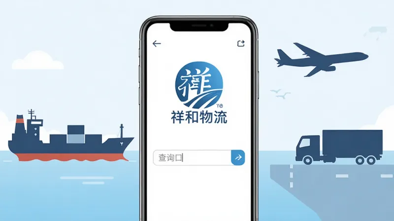 一张展示祥和国际物流手机应用主界面的图片,画面中央是手机屏幕,屏幕内显示祥和国际物流的蓝色标志和查询输入框,背景是简洁的物流运输场景,有货轮、飞机和货车剪影,整体布局清晰,风格现代扁平,细节干净,画质高清无多余元素