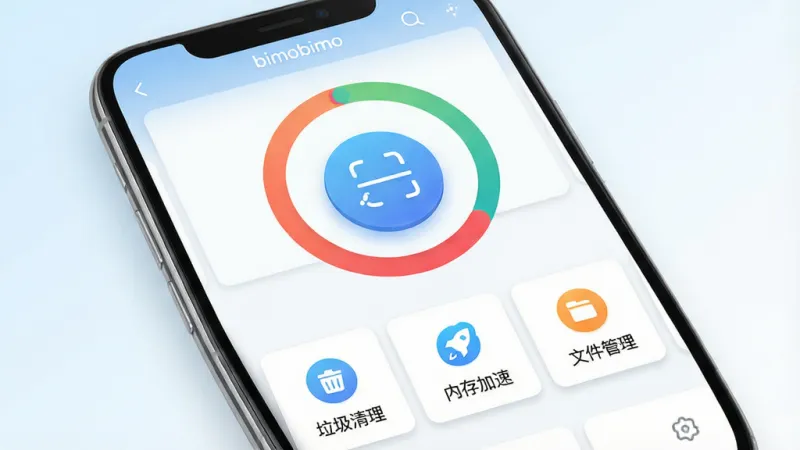 一张展示bimobimo手机清理软件主界面的详细图片，主体是一部现代智能手机，屏幕显示bimobimo应用界面，界面中央有一个醒目的圆形扫描按钮，周围环绕着存储空间使用情况的彩色环形图，下方排列着“垃圾清理”、“内存加速”、“文件管理”三个功能模块图标，布局简洁清晰，排版采用卡片式设计，风格是扁平化科技感，细节上按钮有轻微渐变和阴影，背景是淡蓝色到白色的渐变，画质高清，干净，无多余元素