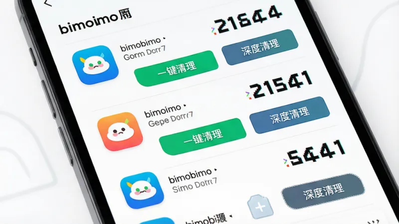 一张展示bimobimo应用专清功能的详细图片，主体是手机屏幕特写，屏幕显示bimobimo的应用列表页面，列表按占用空间从大到小排列，每个应用图标右侧有醒目的缓存大小数字，下方有“一键清理”和“深度清理”两个按钮，布局是垂直列表式，排版清晰，风格是极简现代，细节上应用图标色彩鲜艳，背景干净，画质高清，无多余元素