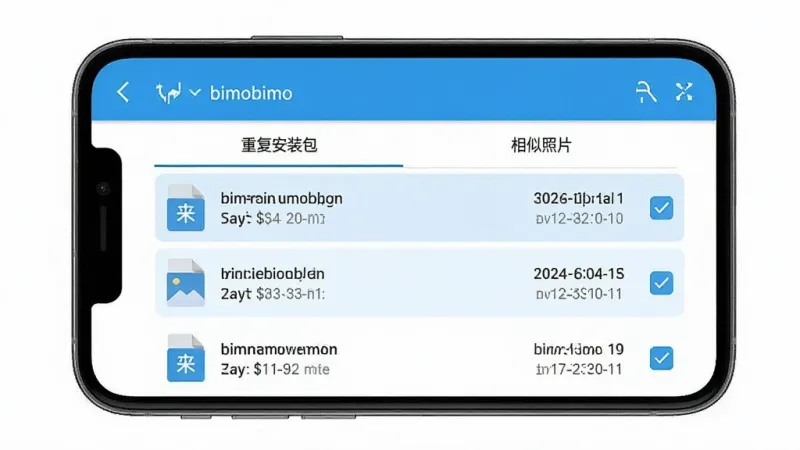 一张展示bimobimo重复文件查找功能的详细图片，主体是手机屏幕，屏幕显示bimobimo的重复文件扫描结果页面，页面分为“重复安装包”和“相似照片”两个标签，下方列出多组文件，每组文件有缩略图、文件名、大小和创建日期，右侧有勾选框，布局是分组列表式，排版整齐，风格是清爽工具风，细节上选中项有高亮显示，画质高清，干净，无多余元素