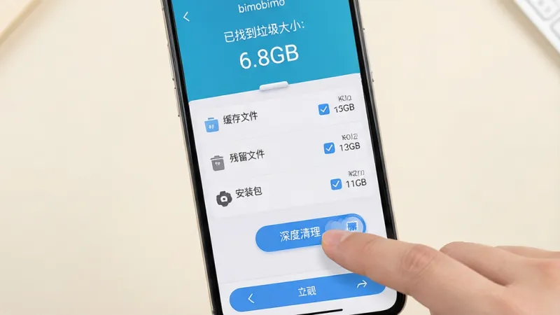 一张展示bimobimo使用教程的详细图片，主体是一部手机和一只手，手指正点击屏幕上的“深度清理”按钮，手机屏幕显示bimobimo扫描完成界面，上方显示已找到垃圾大小“6.8GB”，中间列出“缓存文件”、“残留文件”、“安装包”等分类，每个分类右侧有勾选框和大小数字，布局清晰，排版是列表加底部操作栏，风格是简洁明快的工具类App风格，细节上按钮有按压反馈效果，背景是浅色系，画质高清，干净，无多余元素