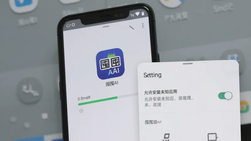 画面展示一部安卓手机正在安装囤囤AI应用的界面,屏幕中央显示安装进度条和“囤囤AI”应用图标,旁边有设置菜单的悬浮窗展示“允许安装未知应用”的开关按钮,背景是简洁的灰色桌面,风格写实清晰,画质干净无多余元素。