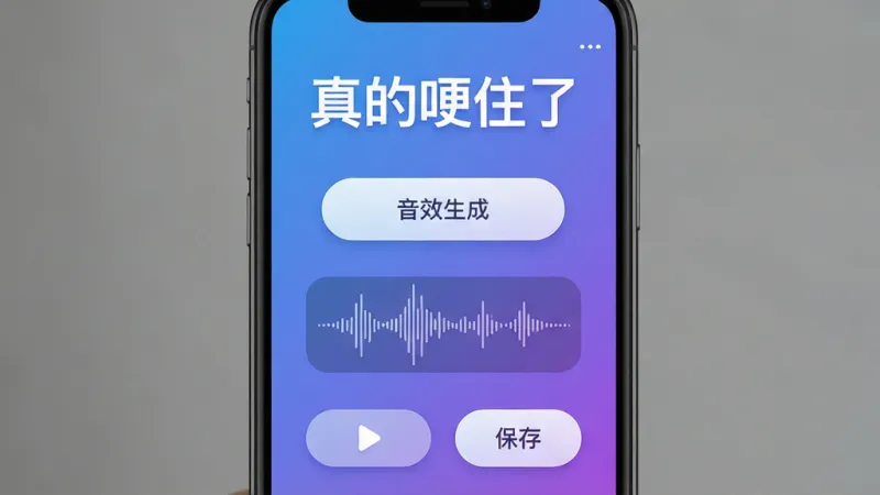 一张手机应用界面截图，画面中央是“真的哽住了”软件的主界面，顶部有醒目的应用名称“真的哽住了”，中间是一个简洁的音效生成按钮和波形图预览，底部有播放和保存按钮，整体配色以蓝紫渐变为主，风格清爽现代，布局清晰，细节圆润，画质干净无多余元素。