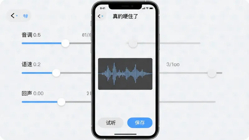 一张手机应用界面示意图，展示“真的哽住了”软件的自定义音效调节页面，画面中有音调、语速、回声三个滑块控制条，每个滑块旁边有数值显示，中间有实时波形预览，底部有试听和保存按钮，界面以浅色背景为主，控件清晰，风格简约现代，画质干净无多余元素。