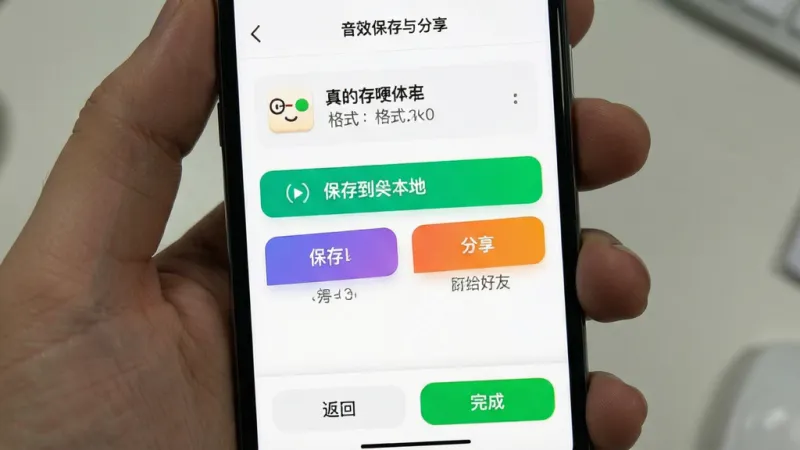 一张手机屏幕截图，展示“真的哽住了”软件的音效保存与分享界面，画面中有保存到本地和分享给好友两个大按钮，上方有音效文件名和格式信息，底部有返回和完成按钮，界面以白色背景为主，按钮颜色鲜明，布局简洁，风格清爽，画质干净无多余元素。