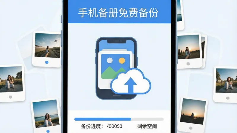 手机相册免费备份软件主界面,画面中央展示手机相册图标与云朵备份箭头,周围环绕照片缩略图,顶部有软件名称