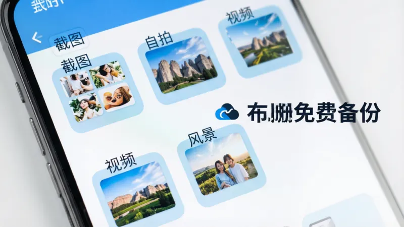 手机相册免费备份智能分类功能展示,画面中手机屏幕显示多个相册分类文件夹标签如