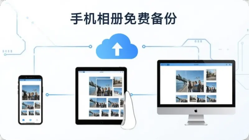 手机相册免费备份多设备同步示意图,画面左侧手机、中间平板、右侧电脑通过云朵图标连接,每台设备屏幕显示相同照片缩略图,顶部标注