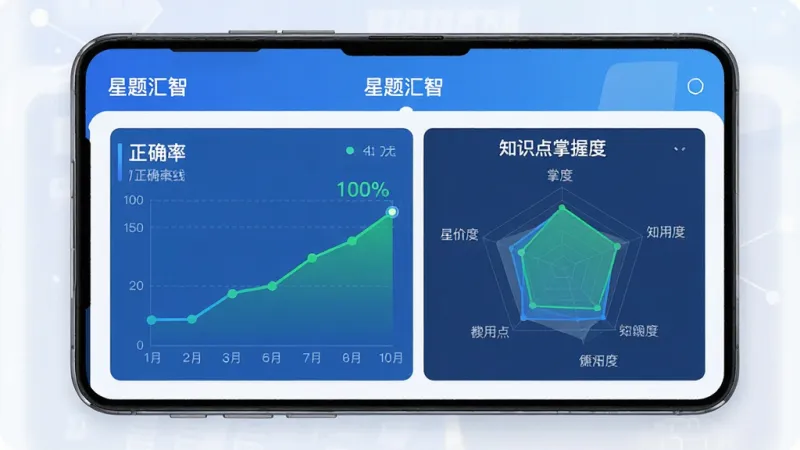 一张展示“星题汇智”学习进度追踪界面的图片,手机屏幕中央显示学习报告图表,包括正确率曲线和知识点掌握度雷达图,图表颜色以蓝色和绿色为主,界面干净,数据清晰,风格现代