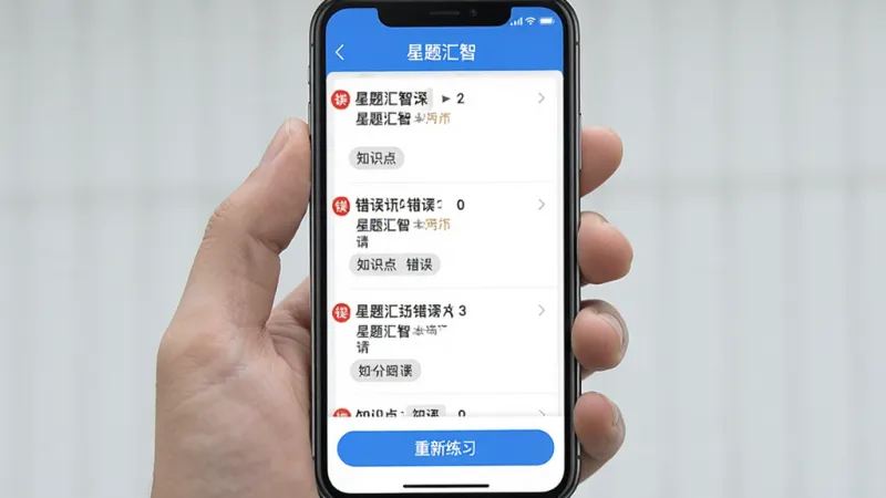 一张展示“星题汇智”在手机上的错题本界面截图,屏幕中央显示错题列表,每道题旁边有红色错误标记和知识点标签,底部有“重新练习”按钮,界面简洁,蓝白配色,画质清晰