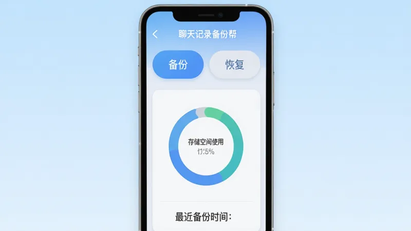 聊天记录备份帮软件主界面，画面中央展示一个简洁的手机屏幕，屏幕内显示“聊天记录备份帮”应用界面，顶部有备份和恢复两个大按钮，中间是存储空间使用情况的环形图表，底部显示最近备份时间，整体布局清晰，背景为淡蓝色渐变，风格现代扁平，细节圆润，画质干净无多余元素，文字清晰可读。