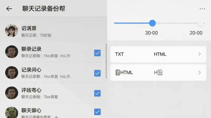 聊天记录备份帮恢复与导出界面图，画面展示手机屏幕内“聊天记录备份帮”应用的恢复界面，左侧是聊天记录列表带勾选框，右侧是导出格式选项（TXT、HTML），屏幕上方有按时间筛选的滑块，整体布局清晰，风格简洁实用，背景为浅灰色，画质干净无多余元素。
