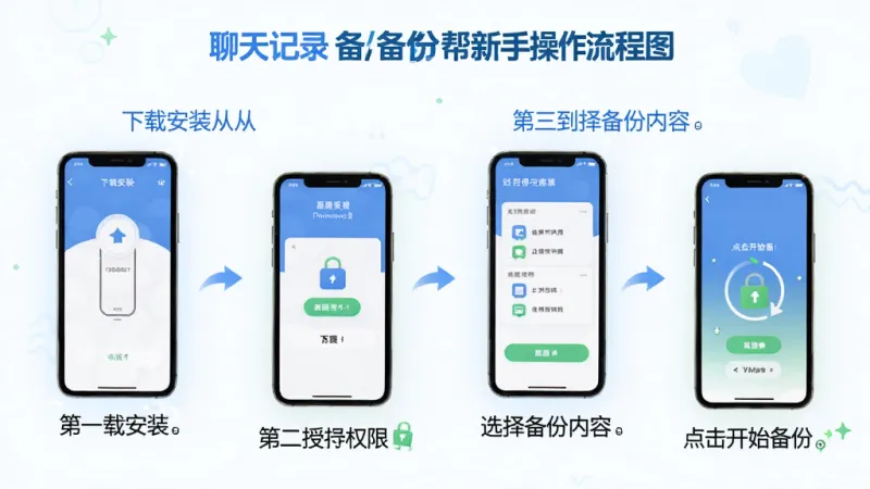 聊天记录备份帮新手操作流程图，画面以信息图形式展示从下载安装到完成备份的四个步骤，每一步配一个手机屏幕小图和简短文字说明，第一步下载安装，第二步授予权限，第三步选择备份内容，第四步点击开始备份，整体风格清新简洁，色彩以蓝白绿为主，画质干净，布局清晰。