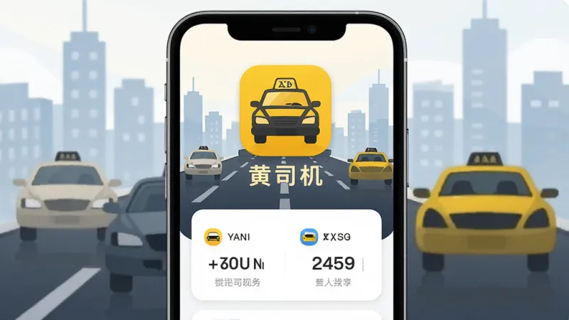 手机屏幕正中间显示黄司机应用的主界面图标和名称黄司机，背景是城市道路与出租车剪影，整体布局为上下结构，上方是应用logo和文字，下方是简洁的接单数据概览卡片，风格为扁平化现代设计，细节圆润无多余装饰，画质清晰干净，无多余元素