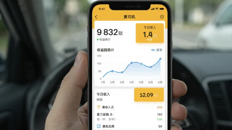 黄司机应用内部收益统计界面截图风格，手机屏幕显示黄司机app的收益统计页面，主体为收益趋势折线图和今日收入数字卡片，布局为上方大数字、中间折线图、下方明细列表，风格为简洁扁平化，细节清晰，画质干净无多余元素