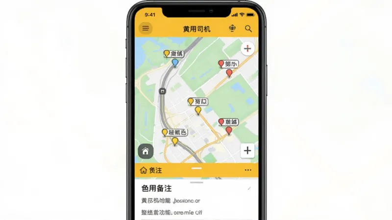 黄司机应用内路线备注功能界面，手机屏幕显示黄司机app的地图页面，地图上有几个带文字标签的标记点，布局为全屏地图加底部备注列表，风格为实用工具类扁平设计，细节清晰，画质干净无多余元素