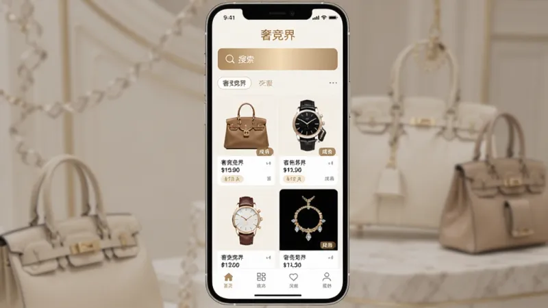 奢竞界二手奢侈品交易平台主界面展示,手机屏幕中央是奢竞界App首页,上方搜索栏醒目,中间是各类奢侈品包包、腕表、首饰的瀑布流商品卡片,每张卡片带有价格和成色标签,底部导航栏清晰,整体以米白色和香槟金为主色调,风格高级简约,画质干净无多余元素
