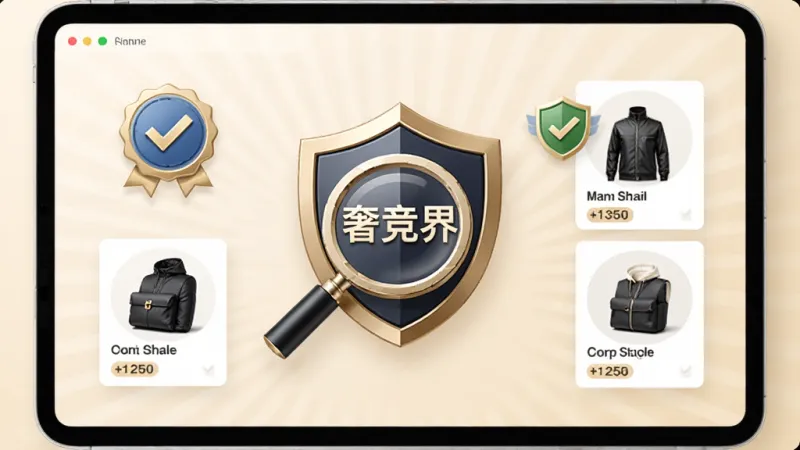 奢竞界真伪鉴定与严选卖家功能展示,画面中央是一个带有放大镜和盾牌组合图标的界面,盾牌上写着奢竞界,周围环绕着认证徽章和商品卡片,背景是柔和的米色,风格专业可靠,细节清晰,画质干净无多余元素