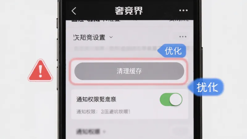 奢竞界新手避坑指南与操作技巧展示,手机屏幕中央是奢竞界的设置页面,高亮显示清理缓存按钮和通知权限开关,旁边有红色警示图标和蓝色优化标签,背景是简洁的灰白色,风格直观清晰,画质干净无多余元素