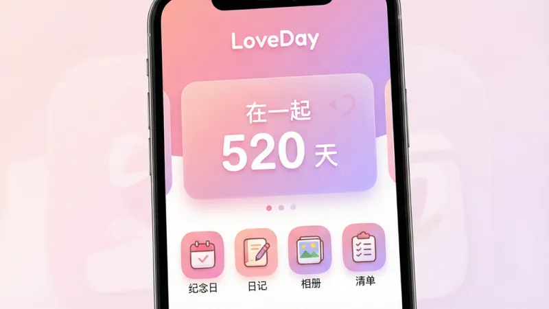 一张展示智能手机屏幕的图片,屏幕上显示着“LoveDay”应用程序的主界面,界面以柔和的粉色和浅紫色渐变为主色调,顶部有“LoveDay”的白色文字logo,中间是一个显眼的日期倒计时卡片,写着“在一起 520 天”,下方排列着几个圆角矩形的功能图标,分别标注“纪念日”、“日记”、“相册”、“清单”,背景干净,图标设计圆润可爱,整体风格温馨浪漫,细节清晰,画质干净,无多余元素