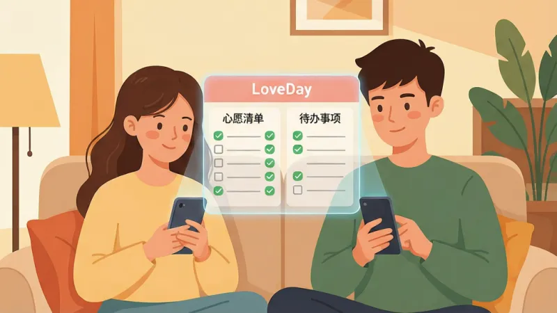 一张温馨的情侣日常场景插画,画面中一对年轻情侣坐在沙发上,各自拿着手机,但两人中间有一个半透明的、发着微光的“LoveDay”虚拟界面悬浮在空中,界面上显示着“心愿清单”和“待办事项”的列表,列表项旁边有绿色的对勾标记,画面风格是扁平化插画风,色彩温暖,细节丰富,画质干净,无多余元素