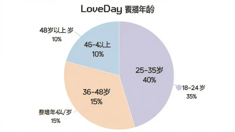 一张数据统计图表,采用饼状图形式,展示“LoveDay”用户年龄分布。饼图分为四个扇形区域,分别标注为“18-24岁 35%”、“25-35岁 40%”、“36-48岁 15%”、“48岁以上 10%”,图表配色柔和,背景为白色,数据标签清晰可见,风格简洁现代,画质干净,无多余元素