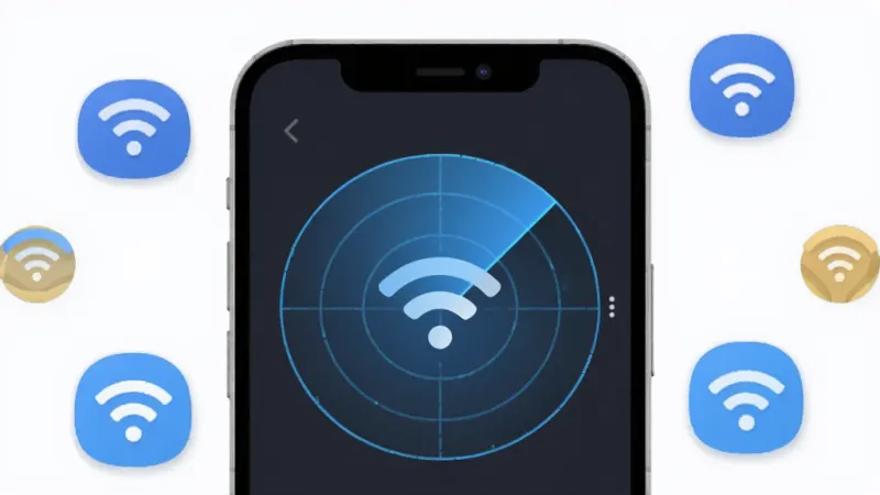一张展示WiFi万用钥匙软件主界面的图片,画面中央是手机屏幕,屏幕内显示WiFi万用钥匙的蓝色雷达扫描图,周围环绕着多个WiFi信号图标,布局简洁,风格现代扁平,细节圆润,画质干净,无多余元素。
