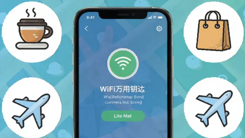 WiFi万用钥匙软件界面截图,画面中手机屏幕显示连接成功的提示,周围环绕着咖啡杯、购物袋、飞机等图标代表不同场景,风格轻松活泼,画质清晰,无多余元素。