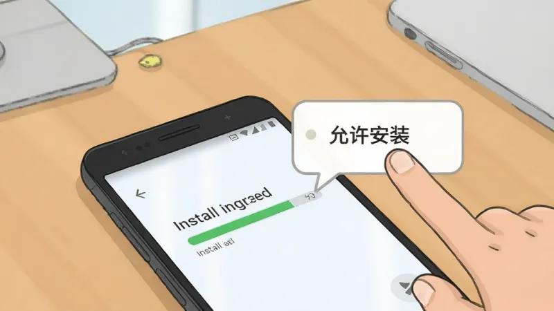 一部安卓手机放在桌面上，屏幕显示安装进度条，旁边有手指点击“允许安装”的提示气泡，背景是简洁的桌面环境，布局为手机特写加气泡说明，风格为教程类插画，细节清晰，画质干净，无多余元素