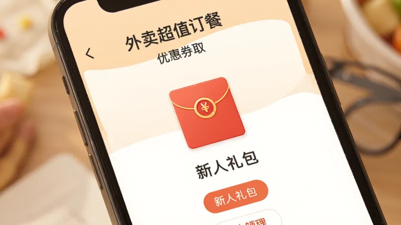 外卖超值订餐 优惠券领取页面 红包图标 新人礼包 手机界面 暖色调 简洁排版 画质干净