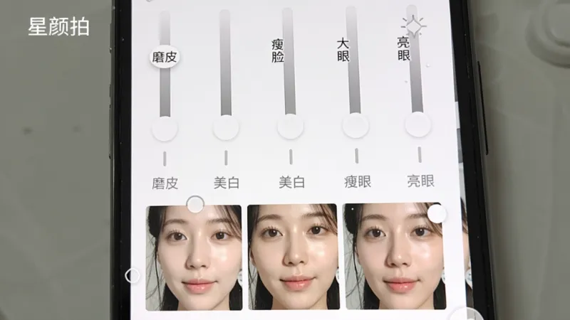 一张星颜拍美颜调节界面的特写图片，画面展示手机屏幕上一排竖向滑杆，分别标注“磨皮”“美白”“瘦脸”“大眼”“亮眼”，滑杆下方有实时预览的人像效果，人物面部自然通透，背景为简洁的白色面板，风格清爽直观，画质干净，文字标注“星颜拍”