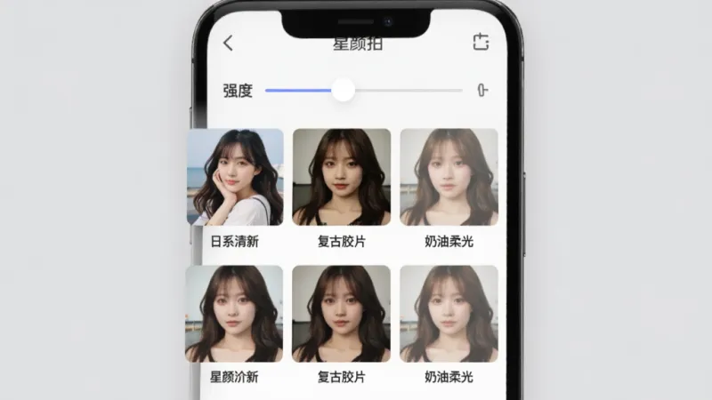 一张星颜拍滤镜选择界面的图片，画面中手机屏幕以网格形式展示多个滤镜缩略图，每个缩略图下方标注滤镜名称如“日系清新”“复古胶片”“奶油柔光”，顶部有强度调节滑杆，整体布局整齐，背景为浅灰色，风格简约现代，画质清晰，文字标注“星颜拍”
