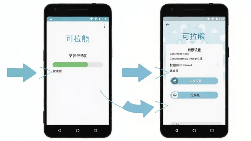 可拉熊新手安装操作示意图,画面中一部安卓手机显示安装进度条和权限设置界面,旁边有箭头指示操作步骤,风格扁平化,色调清新,图片中有“可拉熊”文字,画质干净无多余元素