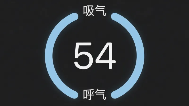 一张手机屏幕截图风格的图片,界面中央是一个大大的淡蓝色圆形呼吸圈,圈内数字为“54”,屏幕上方显示“吸气”二字,下方显示“呼气”二字,背景为深灰色护眼模式,画面干净整洁,文字清晰,无广告横幅,整体风格极简科技感,画质清晰无噪点